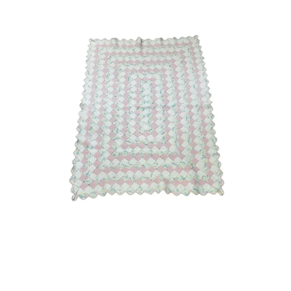 Handmade Crochet Baby Blanket Pink White Pastel Basketweave Vintage Style